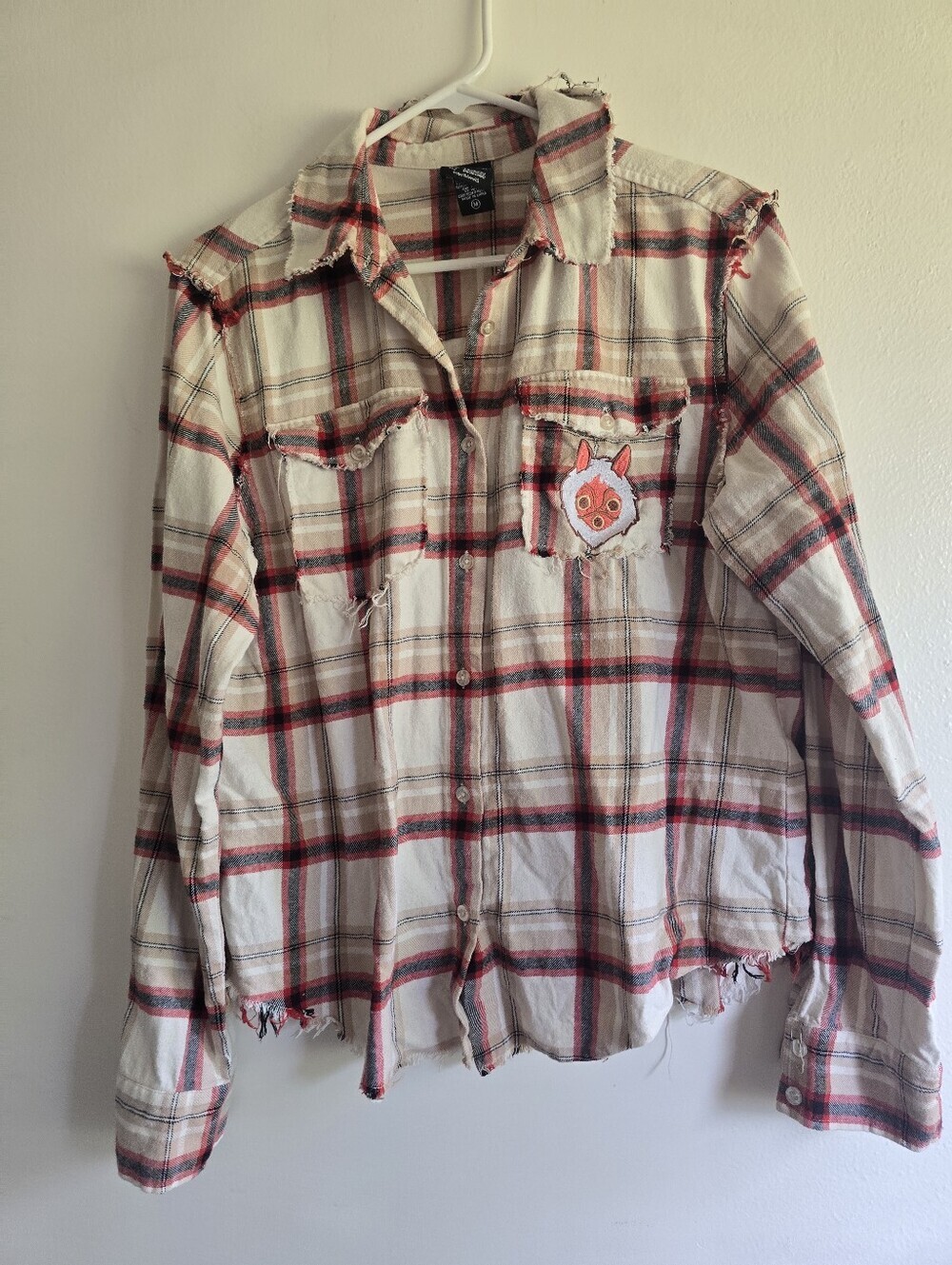 Ghibli Studio,Princess Mononoke, Unisex Beige and Red Plaid Button-Up Shirt, Med